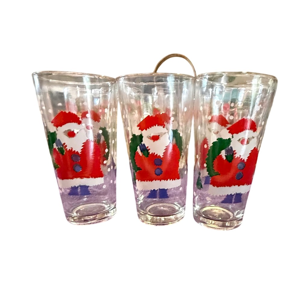 Vintage Christmas Santa Claus Wreath Glass Tumblers Set of 3 Snowy White Dots
